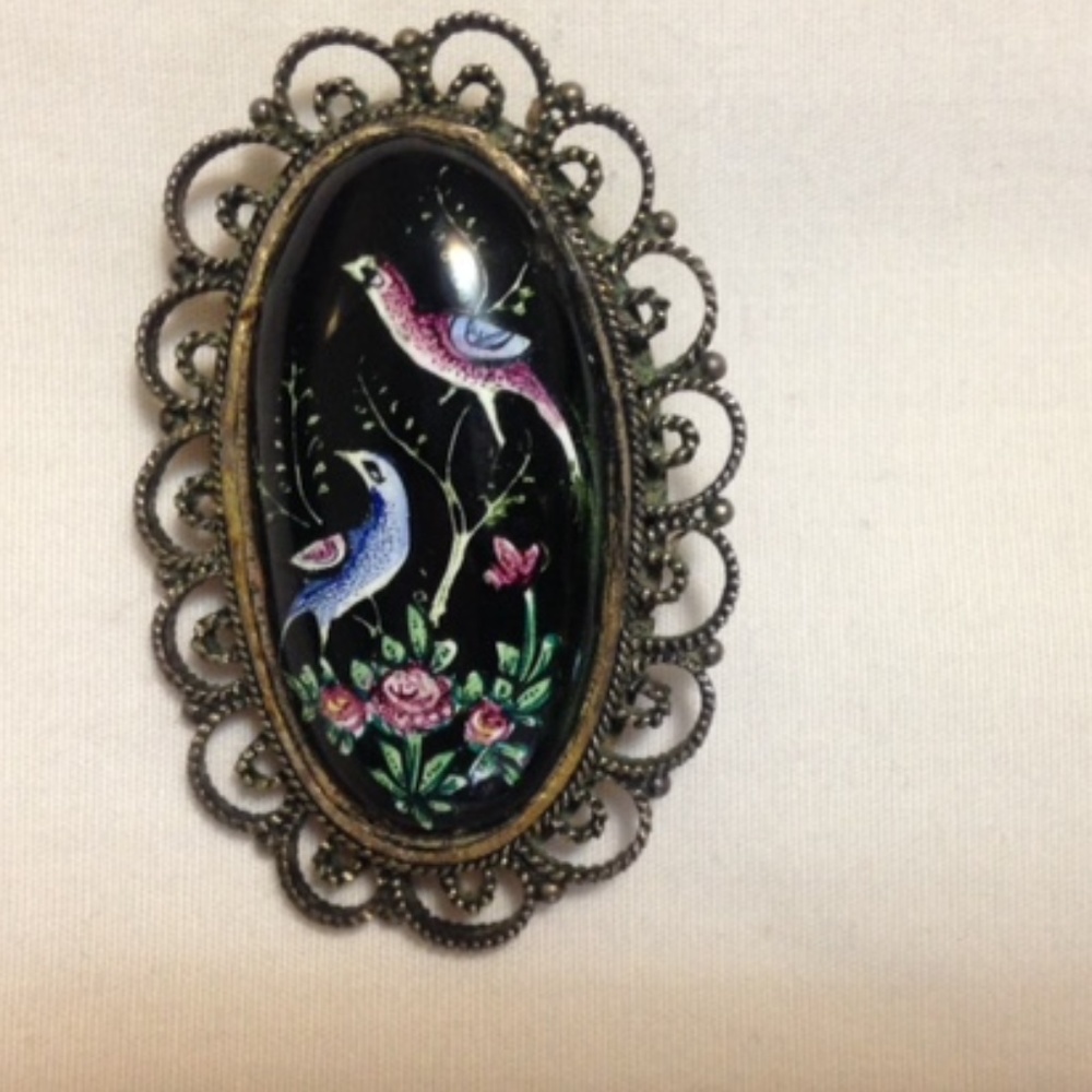Vintage Black Enamel & Silver Oval Brooch/Pendant